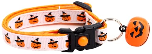 Halloween-Katzenhalsband mit Glöckchen, Sicherheitshalsband, verstellbar, Größe L oder Kätzchenhalsband (Hexenjack-O-Lanter, klein (4,5 kg und weniger)) von Pugs to Persians