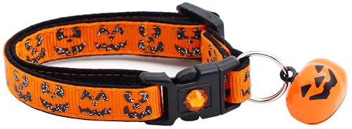 Halloween-Katzenhalsband mit Glöckchen, Sicherheitshalsband, verstellbar, Größe L oder Kätzchenhalsband (Jack-O-Laternen-Gesichter, klein (4,5 kg und weniger)) von Pugs to Persians
