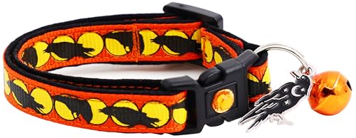 Halloween-Katzenhalsband mit Glöckchen, Sicherheitshalsband, verstellbar, Größe L oder Kätzchenhalsband (Raven Moon, S (4,5 kg und weniger)) von Pugs to Persians