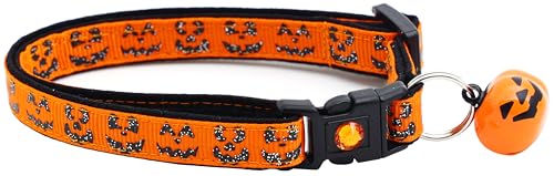 Halloween-Katzenhalsband mit Glöckchen, Sicherheitsverschluss, verstellbar, Größe L oder Kätzchenhalsband (Jack-O-Laternen-Gesichter, Größe L (4,5 kg und höher) von Pugs to Persians