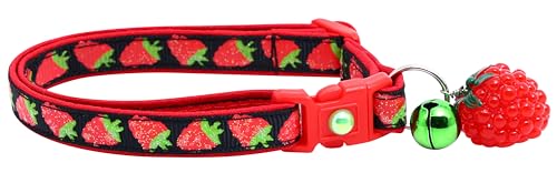 Himbeer-Katzenhalsband mit Anhänger und Glöckchen, Sicherheits-Halsband, verstellbar, Größe L (4,5 kg und höher) von Pugs to Persians