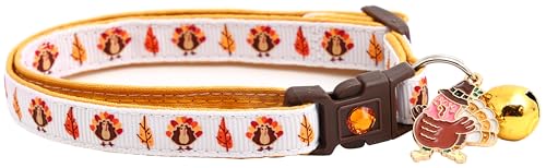 Katzenhalsband mit Glöckchen, Sicherheitsverschluss, verstellbar, Größe L oder Kätzchenhalsband (Truthähne auf Weiß, Größe L (4,5 kg und höher) von Pugs to Persians