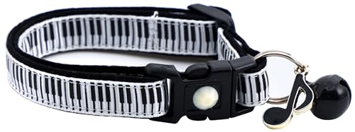 Katzenhalsband mit Musikinstrument, mit Anhänger und Glöckchen, Sicherheits-Halsband, verstellbar, Größe L oder Kätzchenhalsband (Klavier, klein (4,5 kg und weniger)) von Pugs to Persians