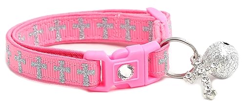 Kreuz-Katzenhalsband mit Anhänger und Glöckchen, Sicherheits-Halsband, verstellbar, Größe L oder Kätzchenhalsband (ab 4,5 kg), Rosa von Pugs to Persians