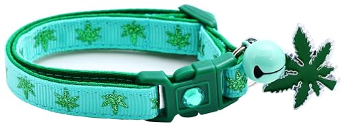 Marihuana-Katzenhalsband mit Glöckchen und Anhänger, Sicherheits-Halsband, verstellbar, Größe L oder Kätzchenhalsband, Aqua, S (4,5 kg und weniger)) von Pugs to Persians