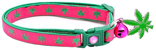 Marihuana-Katzenhalsband mit Glöckchen und Anhänger, Sicherheits-Halsband, verstellbar, Größe L oder Kätzchenhalsband, Rosa, Größe L (4,5 kg und höher) von Pugs to Persians