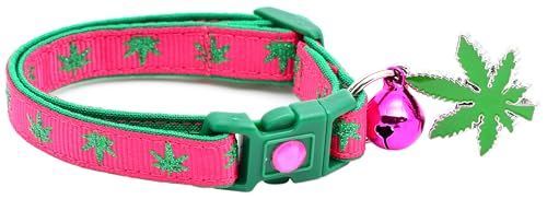 Marihuana-Katzenhalsband mit Glöckchen und Anhänger, Sicherheits-Halsband, verstellbar, Größe L oder Kätzchenhalsband, Rosa, Größe S (4,5 kg und weniger)) von Pugs to Persians