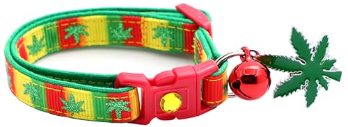Marihuana-Katzenhalsband mit Glöckchen und Anhänger, Sicherheits-Halsband, verstellbar, Größe L oder Kätzchenhalsband (Rasta, Größe S (4,5 kg und weniger)) von Pugs to Persians