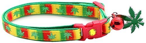 Marihuana Katzenhalsband mit Glöckchen und Anhänger, Sicherheits-Halsband, verstellbar, Größe L oder Kätzchenhalsband (Rasta, L (4,5 kg und höher) von Pugs to Persians