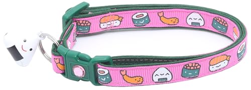 Sushi-Katzenhalsband mit Onigiri-Glocke, verstellbar, große Größe oder Kätzchenhalsband, Sicherheits-Halsband, Größe L (4,5 kg), Rosa von Pugs to Persians