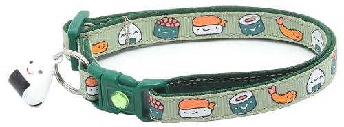 Sushi-Katzenhalsband mit Onigiri-Glocke, verstellbar, große Größe oder Kätzchenhalsband, Sicherheits-Halsband, groß (4,5 kg), Wasabi-Grün von Pugs to Persians