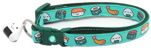 Sushi-Katzenhalsband mit Onigiri-Glocke, verstellbar, große Größe oder Kätzchenhalsband, Sicherheits-Halsband (groß (4,5 kg und höher), Aqua) von Pugs to Persians