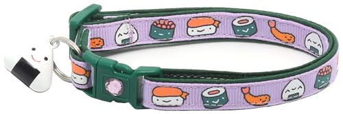 Sushi-Katzenhalsband mit Onigiri-Glocke, verstellbar, große Größe oder Kätzchenhalsband, Sicherheits-Halsband (groß (4,5 kg und höher), Violett) von Pugs to Persians