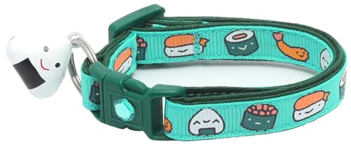 Sushi-Katzenhalsband mit Onigiri-Glocke, verstellbar, große Größe oder Kätzchenhalsband, Sicherheits-Halsband (klein (4,5 kg und weniger), Aqua) von Pugs to Persians