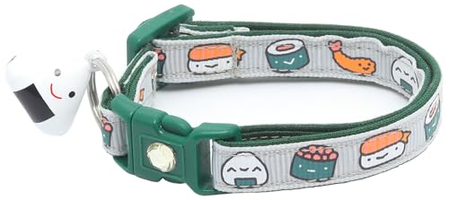 Sushi-Katzenhalsband mit Onigiri-Glocke, verstellbar, große Größe oder Kätzchenhalsband, Sicherheits-Halsband (klein (4,5 kg und weniger), Silber) von Pugs to Persians