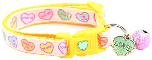 Valentinstag-Katzenhalsband mit Glöckchen, Sicherheits-Halsband, verstellbar, Größe L oder Kätzchenhalsband (Pastellfarbene Gesprächsherzen, Größe S (4,5 kg und weniger)) von Pugs to Persians