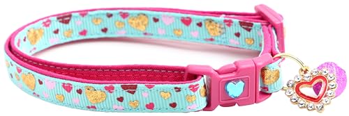 Valentinstag-Katzenhalsband mit Glöckchen, Sicherheitsverschluss, verstellbar, Größe L oder Kätzchenhalsband (Herzen auf Aqua, Größe L (4,5 kg und höher) von Pugs to Persians