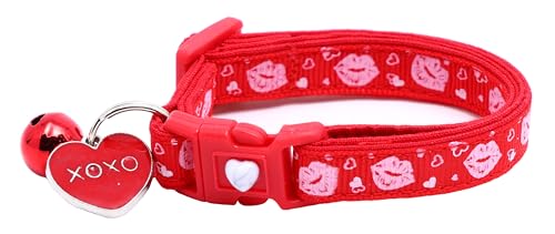 Valentinstag-Katzenhalsband mit Glöckchen, Sicherheitsverschluss, verstellbar, Größe L oder Kätzchenhalsband (Smooches, S (4,5 kg und weniger)) von Pugs to Persians