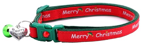 Weihnachtliches Katzenhalsband mit Glöckchen, Sicherheits-Halsband, verstellbar, Größe L oder Kätzchenhalsband (MerryChristmas1, klein (4,5 kg und weniger)) von Pugs to Persians