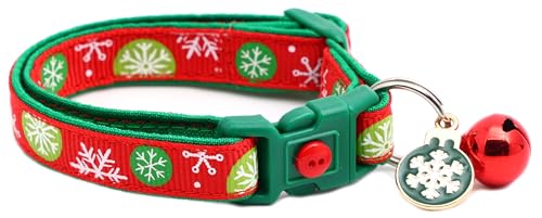 Weihnachtliches Katzenhalsband mit Glöckchen, Sicherheitshalsband, verstellbar, Größe L oder Kätzchenhalsband, Schnee-Blasen auf Rot, Größe S (4,5 kg und weniger)) von Pugs to Persians