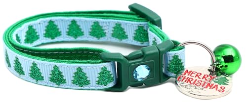 Weihnachtliches Katzenhalsband mit Glöckchen, Sicherheitsverschluss, verstellbar, Größe L oder Kätzchenhalsband (Glitzerbäume auf Blau, Größe S (4,5 kg und weniger)) von Pugs to Persians