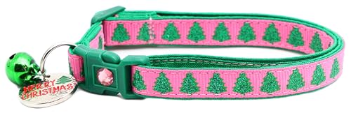 Weihnachtliches Katzenhalsband mit Glöckchen, Sicherheitsverschluss, verstellbar, Größe L oder Kätzchenhalsband (Glitzerbäume auf Rosa, Größe L (4,5 kg und höher) von Pugs to Persians