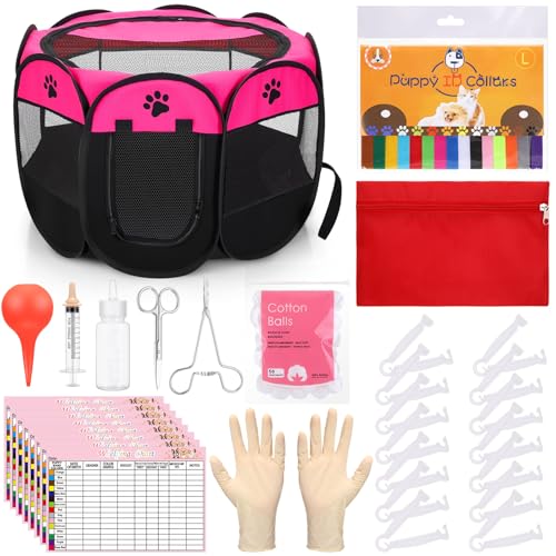 PullCrease 45-teiliges Welpen- und Kätzchen-Welpen-Welpen-Welpen-Welpen-Geburt, inklusive Haustier-Laufstall, Halsband, Kordelklemme, Kolben-Sauger, Spritze, Flasche, Schere, Handschuhtasche für von PullCrease