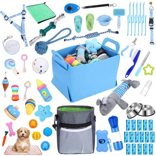 PullCrease 65-teiliges Welpenzubehör-Starter-Set, blau, Set mit kleinen Hundeutensilien, inklusive Hundeleine, Spielzeug, Schüssel, Bürsten, Wasserflaschen, Hundedecken, Welpenzubehör für neue Hunde, PullCrease 65-teiliges Welpenzubehör-Starter-Set, blau, Set mit kleinen Hundeutensilien, inklusive Hundeleine, Spielzeug, Schüssel, Bürsten, Wasserflaschen, Hundedecken, Welpenzubehör für neue Hunde, von PullCrease