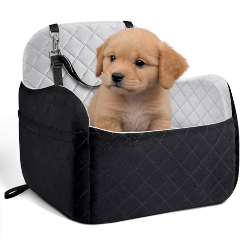 PulseFay Hundeerhöhung Autositz für kleine/mittlere Größe, Memory-Schaum-Hundeautositze, abnehmbares Boosterkissen, zwei Seitentaschen, Sicherheitsgurte, waschbarer Haustierautositz (Schwarz/Grau) von PulseFay