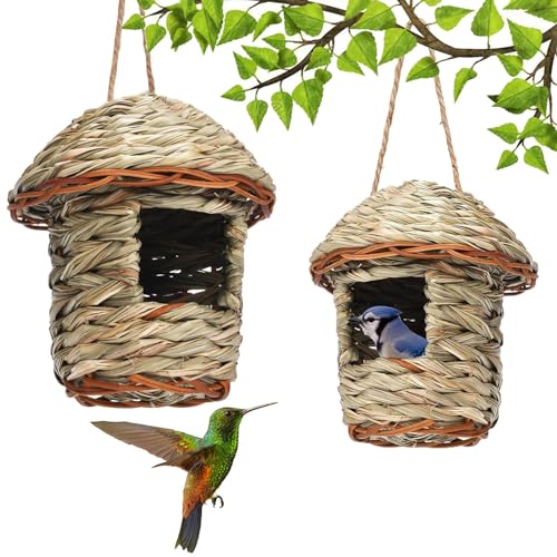 Gras Bird Nest, 2 Stück Handgewebte Vogelhäuser, Gras Handgewebte Vogelhäus, Vogelnest aus Handgewebtem Stroh, Hängender Vogelnest, Vogelhäus zum Aufhängen für Kleine Vögel von Pummny