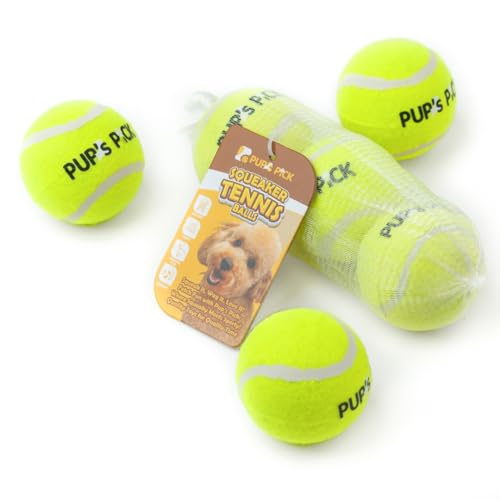 Pup's Pick Quietschende Tennisbälle für Hunde – 6,3 cm Hunde-Tennisbälle, 3er-Pack in leuchtendem Gelb, lustige Hundebälle zum Apportieren und Spielen, quietschende Bälle für Hunde von Pup's Pick