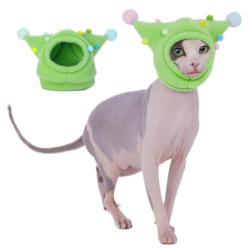 Lustiger Katzen-Fleece-Hut mit Bommeln, warme, verstellbare Träger, Halloween-Kostüm, Kopfbedeckung für Katzen zum Geburtstag (Grün, M (Gesichtskreis 22,9 - 25,4 cm) von PupCorner