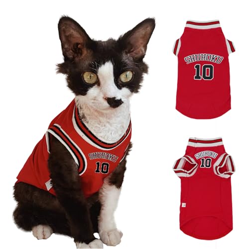 Sphynx Katzen-Basketballtrikot, Anime-inspiriertes Haustier-Shirt, atmungsaktiv, dehnbar, Baumwolle, Outfit für haarlose Katzen und kleine Hunde, ärmelloses Sportkostüm für Katzen, Rot, Größe L (2,3 Sphynx Katzen-Basketballtrikot, Anime-inspiriertes Haustier-Shirt, atmungsaktiv, dehnbar, Baumwolle, Outfit für haarlose Katzen und kleine Hunde, ärmelloses Sportkostüm für Katzen, Rot, Größe L (2,3 von PupCorner