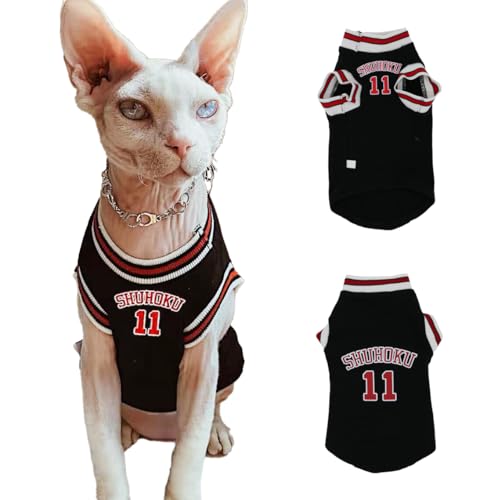 Sphynx Katzen-Basketballtrikot, Anime-inspiriertes Haustier-Shirt, atmungsaktiv, dehnbares Baumwoll-Outfit für haarlose Katzen und kleine Hunde, ärmelloses Sportkostüm für Katzen (Schwarz, Größe S Sphynx Katzen-Basketballtrikot, Anime-inspiriertes Haustier-Shirt, atmungsaktiv, dehnbares Baumwoll-Outfit für haarlose Katzen und kleine Hunde, ärmelloses Sportkostüm für Katzen (Schwarz, Größe S von PupCorner