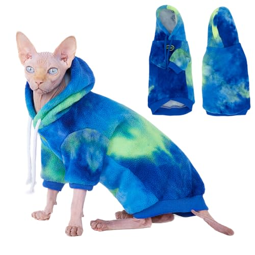 Sphynx Katzen-Kapuzenpullover, dick, warm, weich, mit zwei Beinen, warmer Fleece-Hoodie für Katzen, Herbst-Winter-Kleidung für Kätzchen, kleine Hunde (Blau und Grün, Batikfärbung, XXXL (5 - 6,4 kg) Sphynx Katzen-Kapuzenpullover, dick, warm, weich, mit zwei Beinen, warmer Fleece-Hoodie für Katzen, Herbst-Winter-Kleidung für Kätzchen, kleine Hunde (Blau und Grün, Batikfärbung, XXXL (5 - 6,4 kg) von PupCorner