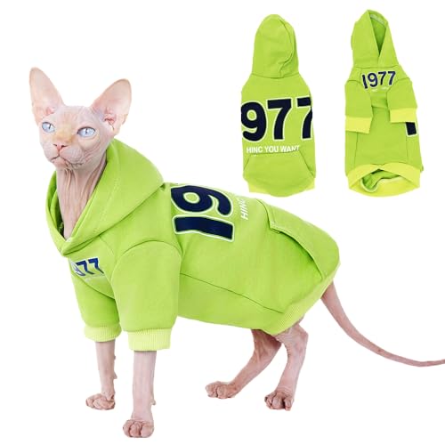 Sphynx Katzen-Kapuzenpullover, dick, warm, weich, mit zwei Beinen, warmer Fleece-Hoodie für Katzen, Herbst-Winter-Kleidung für Kätzchen, kleine Hunde (Hellgrün, Größe XXL (4,1–5 kg) von PupCorner