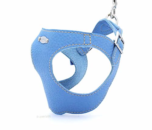 PUPAKIOTTI Brustgeschirr für kleine und mittelgroße Hunde, Leder-Hundegeschirr, ergonomisch und verstellbar, verfügbar Handgemacht in Italie (2XS, Helblau) von Pupakiotti