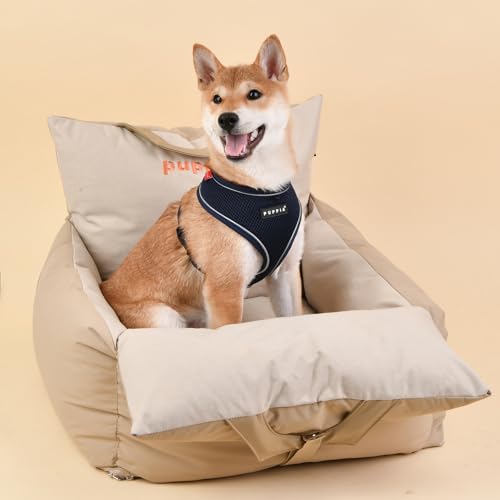 Puppia Hunde-Autositz sicher bequem wasserdicht ideal für Reisen für kleine und mittelgroße Hunde – Beige – Medium von Puppia