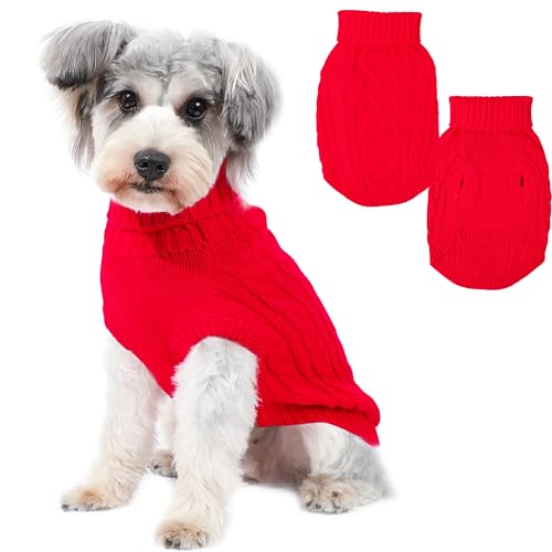 Hundepullover für kleine Hunde, Kleidung für den Winter, solide, gestrickt, Welpenpullover, warmer Haustier-Pullover, Outfit mit herzförmigem Design (Rot, M) von Puppishy