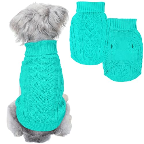 Hundepullover für kleine Hunde für den Winter, solider gestrickter Welpenpullover, warmer Haustier-/Katzenpullover, Hundepullover, Outfit mit herzförmigem Design (Seegrün, Größe M) von Puppishy
