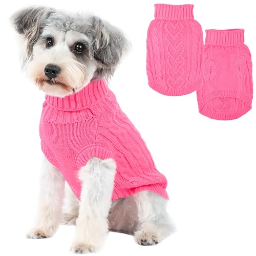 Hundepullover für kleine Hunde für den Winter, solider gestrickter Welpenpullover, warmer Haustier-Pullover für Katzen, Hundepullover mit herzförmigem Design (Dunkelrosa, Größe M) von Puppishy