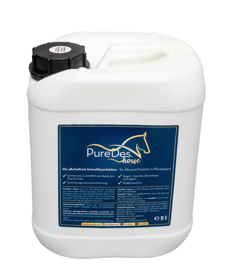 PureDes Horse Desinfektionsmittel 5L Kanister Alkoholfreie Schnelldesinfektion für Pferd, Futter & Zubehör von PureDes