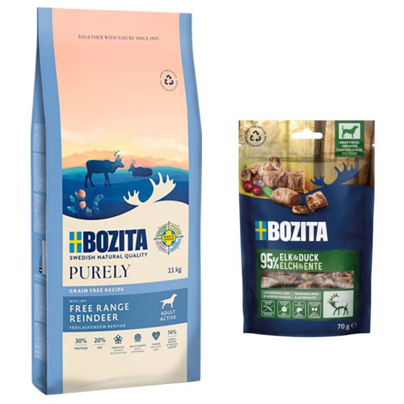 Bozita Dog Purely Grain Free + 2 x 70 g Meaty Bites mit Elch & Ente gratis! - 11 kg Adult Active Rentier Bozita Dog Purely Grain Free + 2 x 70 g Meaty Bites mit Elch & Ente gratis! - 11 kg Adult Active Rentier von Purely