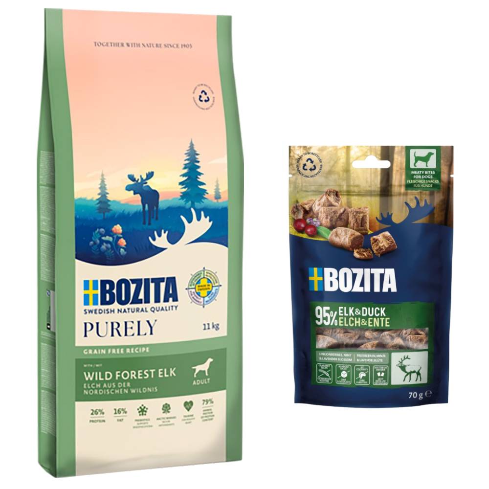 Bozita Dog Purely Grain Free + 2 x 70 g Meaty Bites mit Elch & Ente gratis! - 11 kg Adult Elch von Purely