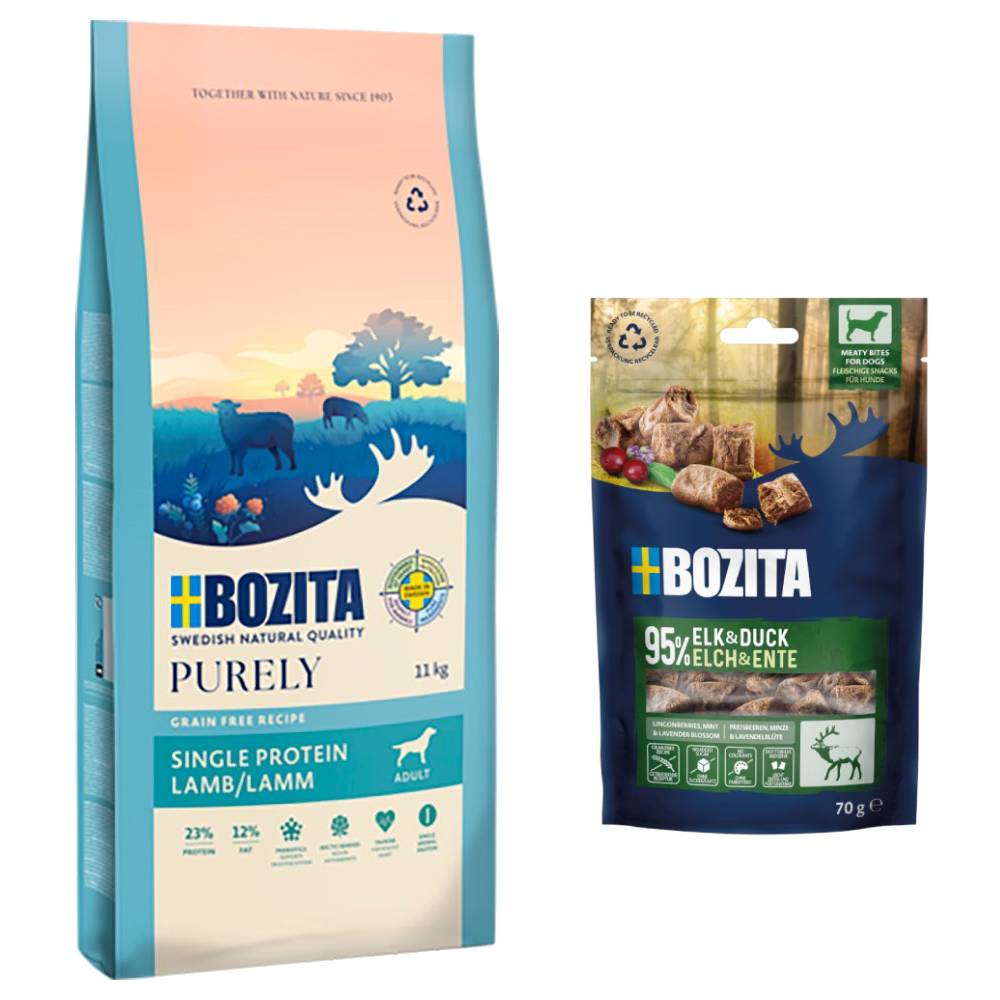 Bozita Dog Purely Grain Free + 2 x 70 g Meaty Bites mit Elch & Ente gratis! - 11 kg Adult Lamm Bozita Dog Purely Grain Free + 2 x 70 g Meaty Bites mit Elch & Ente gratis! - 11 kg Adult Lamm von Purely