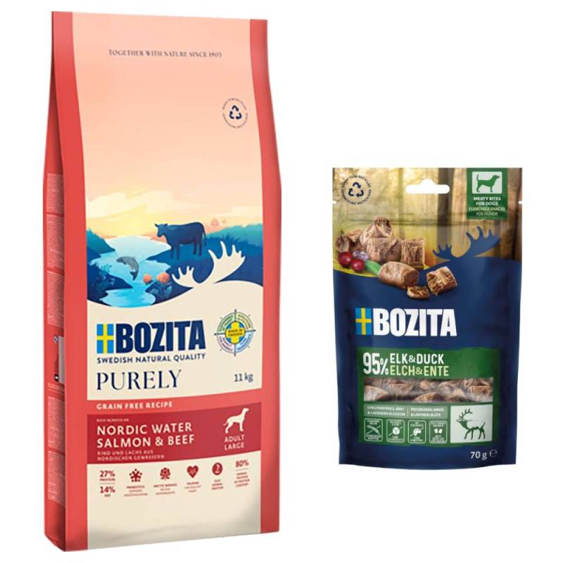 Bozita Dog Purely Grain Free + 2 x 70 g Meaty Bites mit Elch & Ente gratis! - 11 kg Adult Large Lachs & Rind Bozita Dog Purely Grain Free + 2 x 70 g Meaty Bites mit Elch & Ente gratis! - 11 kg Adult Large Lachs & Rind von Purely