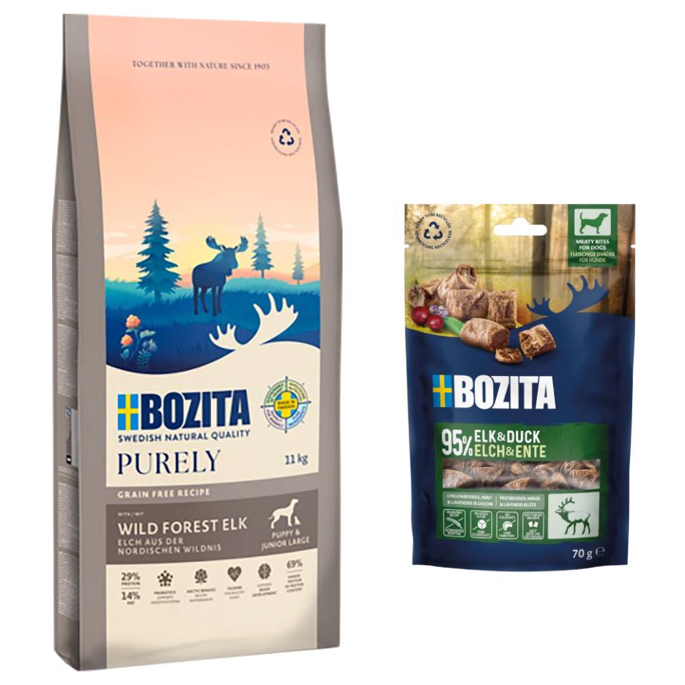 Bozita Dog Purely Grain Free + 2 x 70 g Meaty Bites mit Elch & Ente gratis! - 11 kg Elch Puppy & Junior Large von Purely