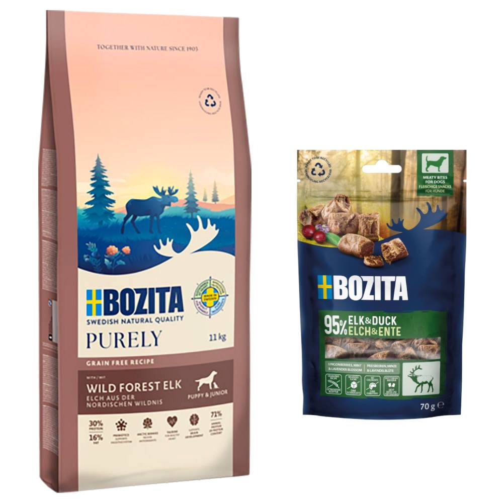 Bozita Dog Purely Grain Free + 2 x 70 g Meaty Bites mit Elch & Ente gratis! - 11 kg Elch Puppy & Junior von Purely