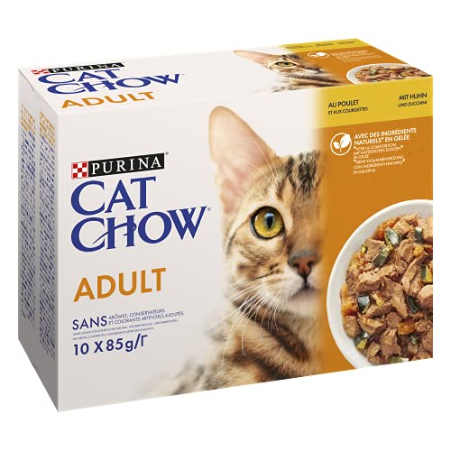 Purina CAT CHOW | Katze für Erwachsene | Essensbeutel | Huhn und Zucchini in Sauce | 10 x 85 g | Box von CAT CHOW