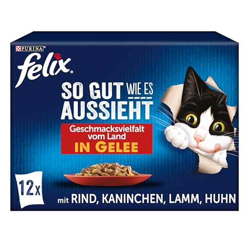 PURINA Felix So gut wie es aussieht in Gelee Geschmacksvielfalt vom Land Katzennassfutter, Portionsbeutel, 12x85g von Purina Felix